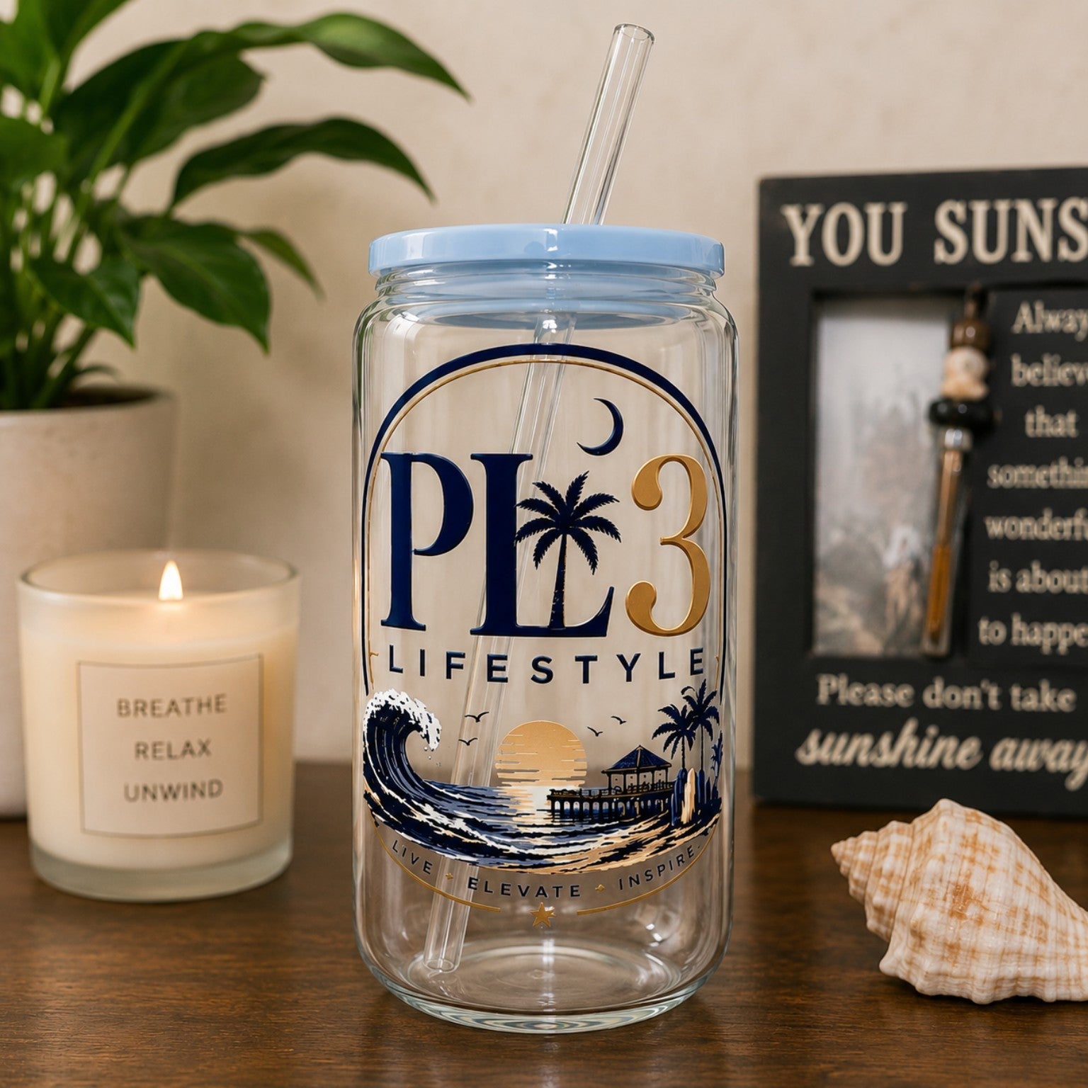PL3 Lifestyle Cup Collection featuring a 16 ounce coastal glass can cup