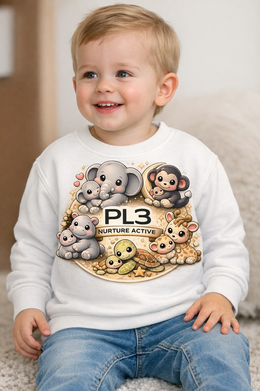 Toddler wearing the PL3 Nurture Active animal-family sweatshirt