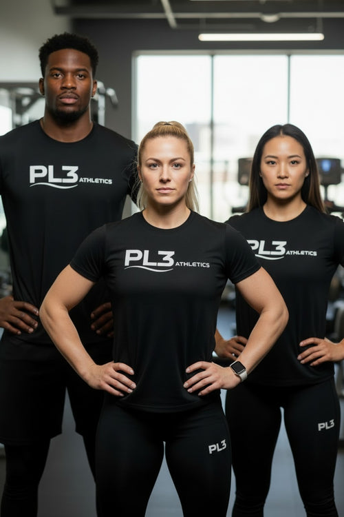 PL3 Athletics team wearing black performance training shirts in gym