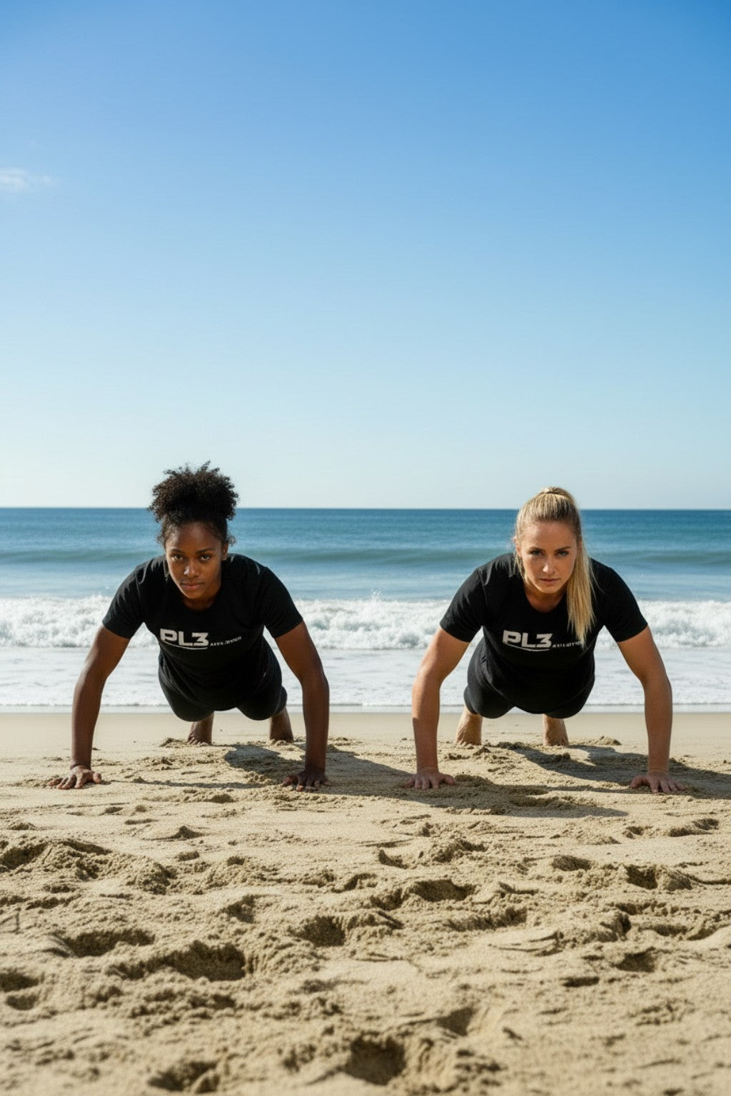 Women doing beach push-ups in black PL3 Athletics shirts