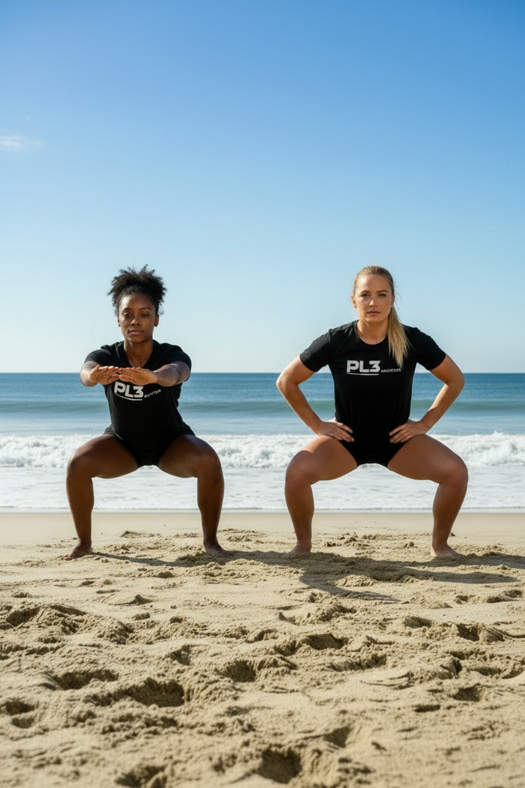 Women doing beach squats in black PL3 Athletics shirts
