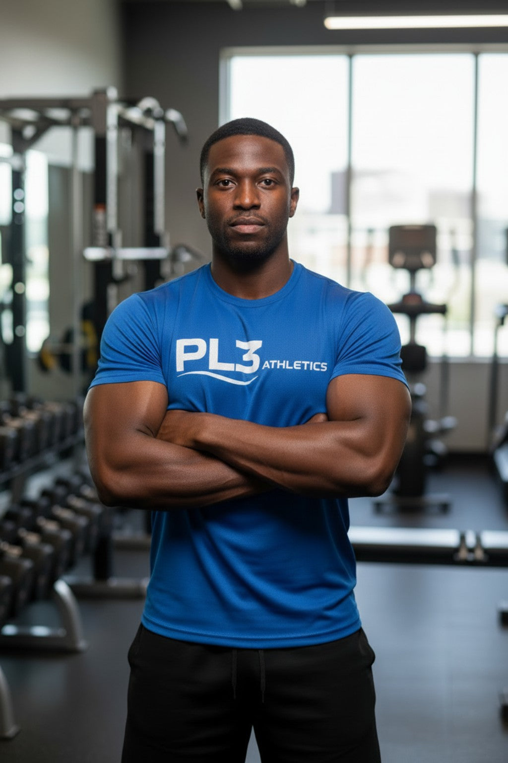 Man wearing royal blue PL3 Athletics shirt with arms crossed