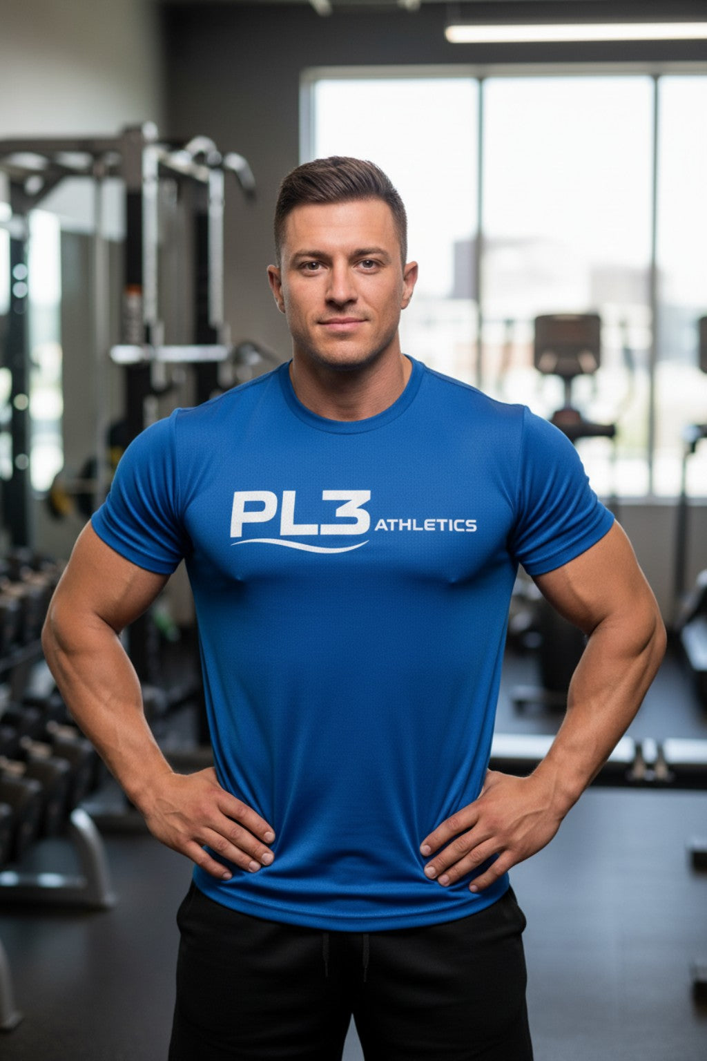 Man wearing royal blue PL3 Athletics performance shirt in gym