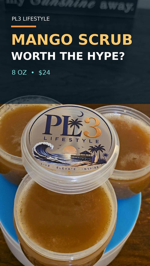 PL3 Lifestyle Brown Sugar Mango Sugar Scrub campaign cover showing the 8 ounce scrub