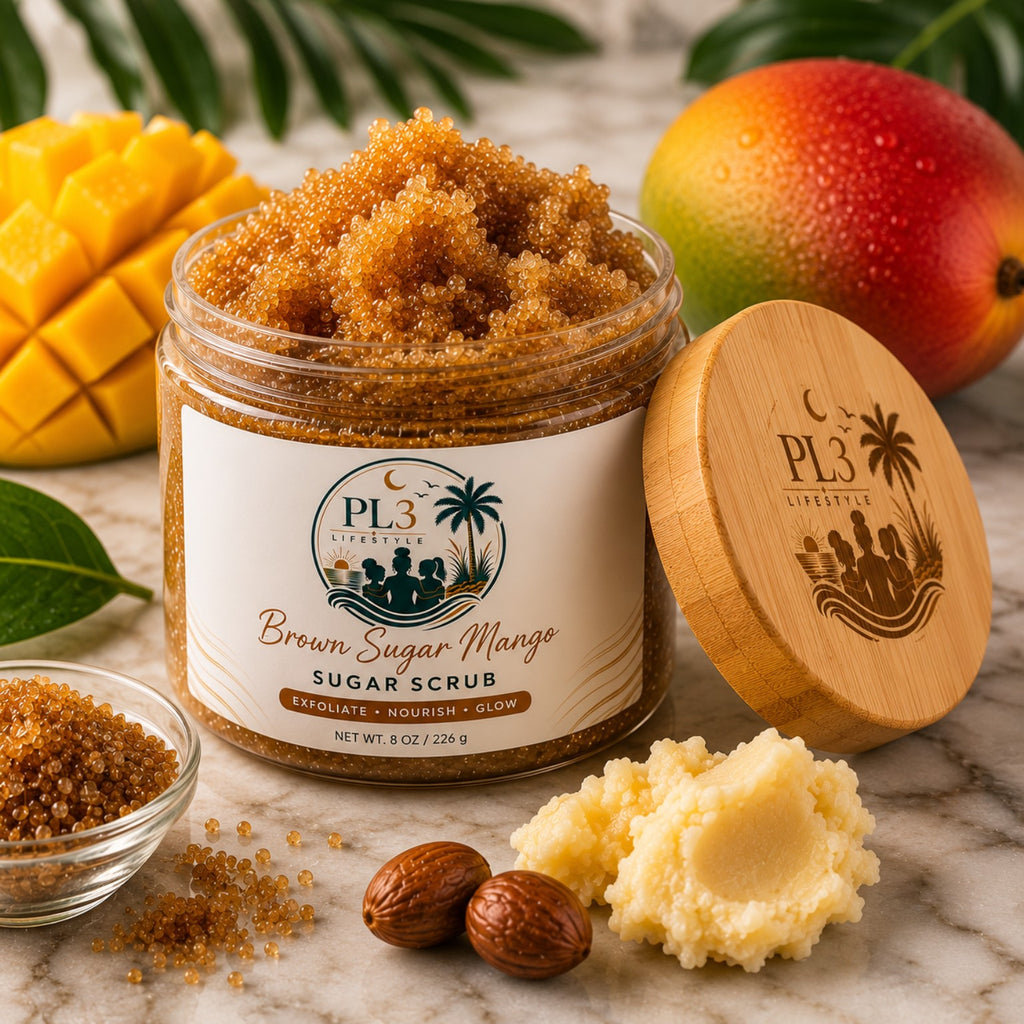 PL3 Lifestyle Brown Sugar Mango Sugar Scrub displayed with branded bamboo lid and mango