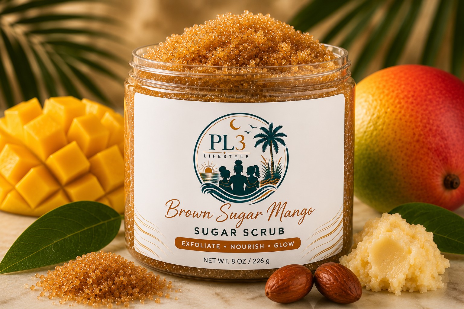 PL3 Lifestyle Brown Sugar Mango Sugar Scrub with mango, brown sugar, shea butter and tropical leaves