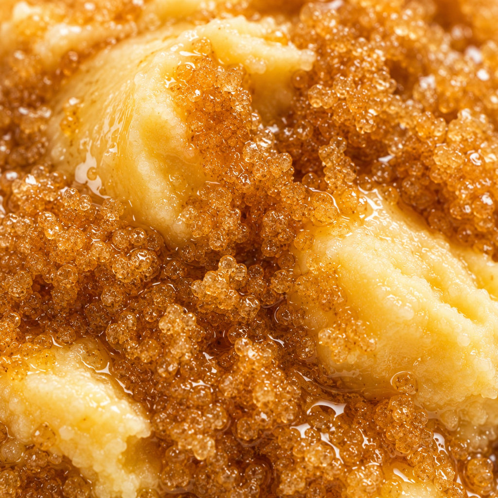 Close-up texture of brown sugar mango sugar scrub blended with mango and shea butter