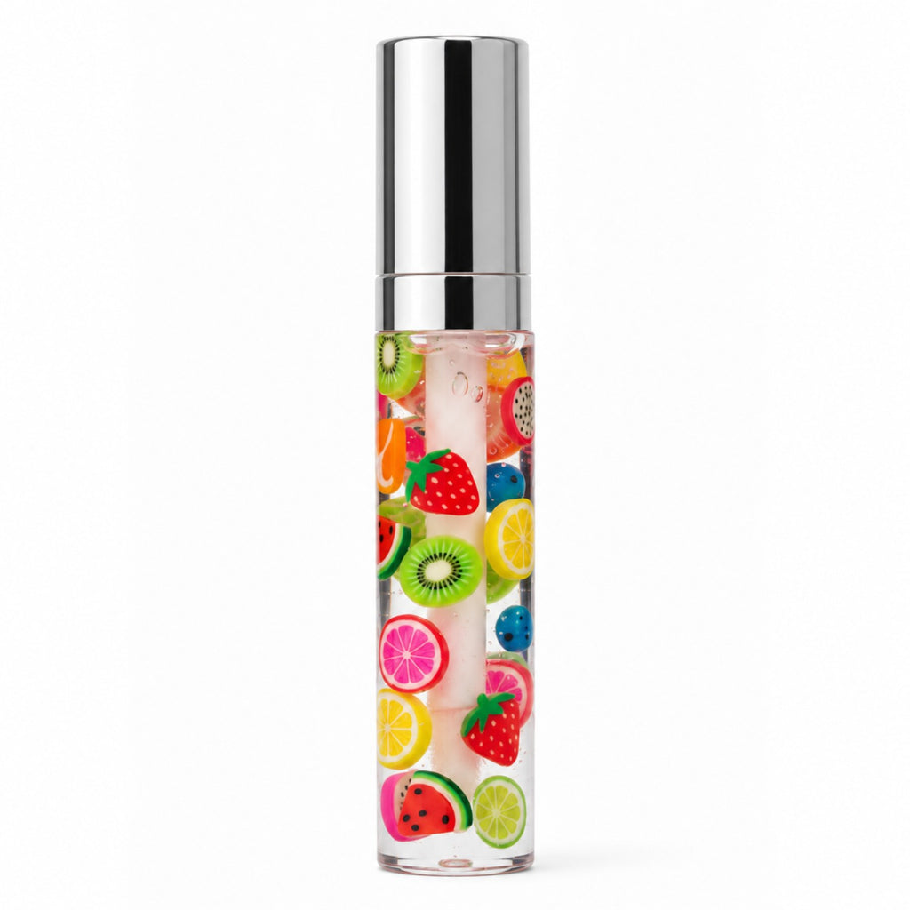 PL3 House of Drip Fruity Drip clear lip gloss tube with mixed fruit pieces