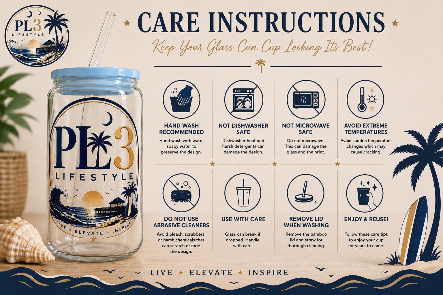 Care instructions for the PL3 Lifestyle glass can cup
