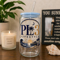 PL3 Lifestyle 16 ounce glass can cup with light blue lid and glass straw