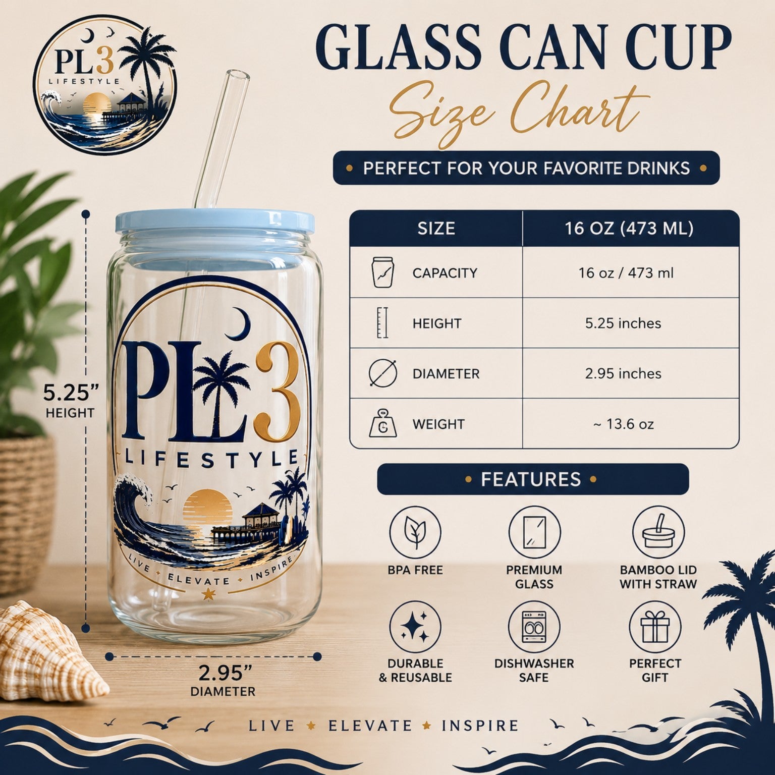 Size chart for the PL3 Lifestyle 16 ounce glass can cup