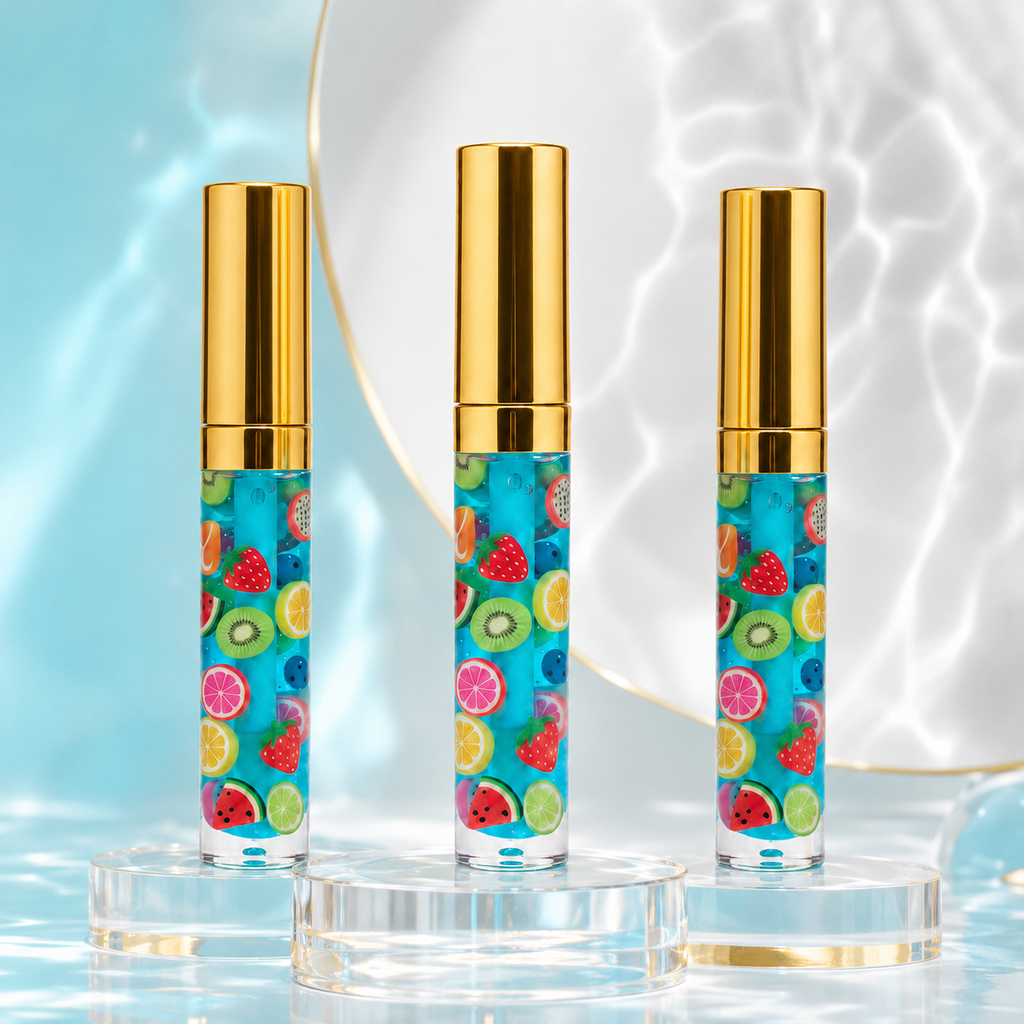 Three coordinated views of Smerry Berry Drip aqua-blue fruit-slice lip gloss with metallic gold caps